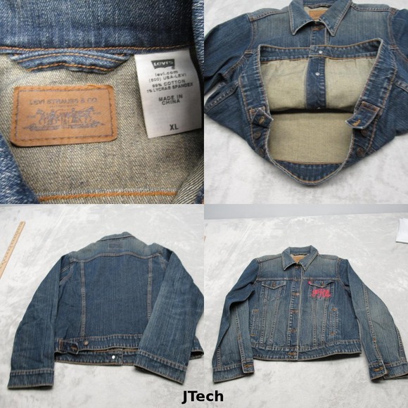 Levis Denim Jacket Womens‎ XL Denim Pockets Custom Embroidered JRE Logo Trucker - Picture 1 of 14